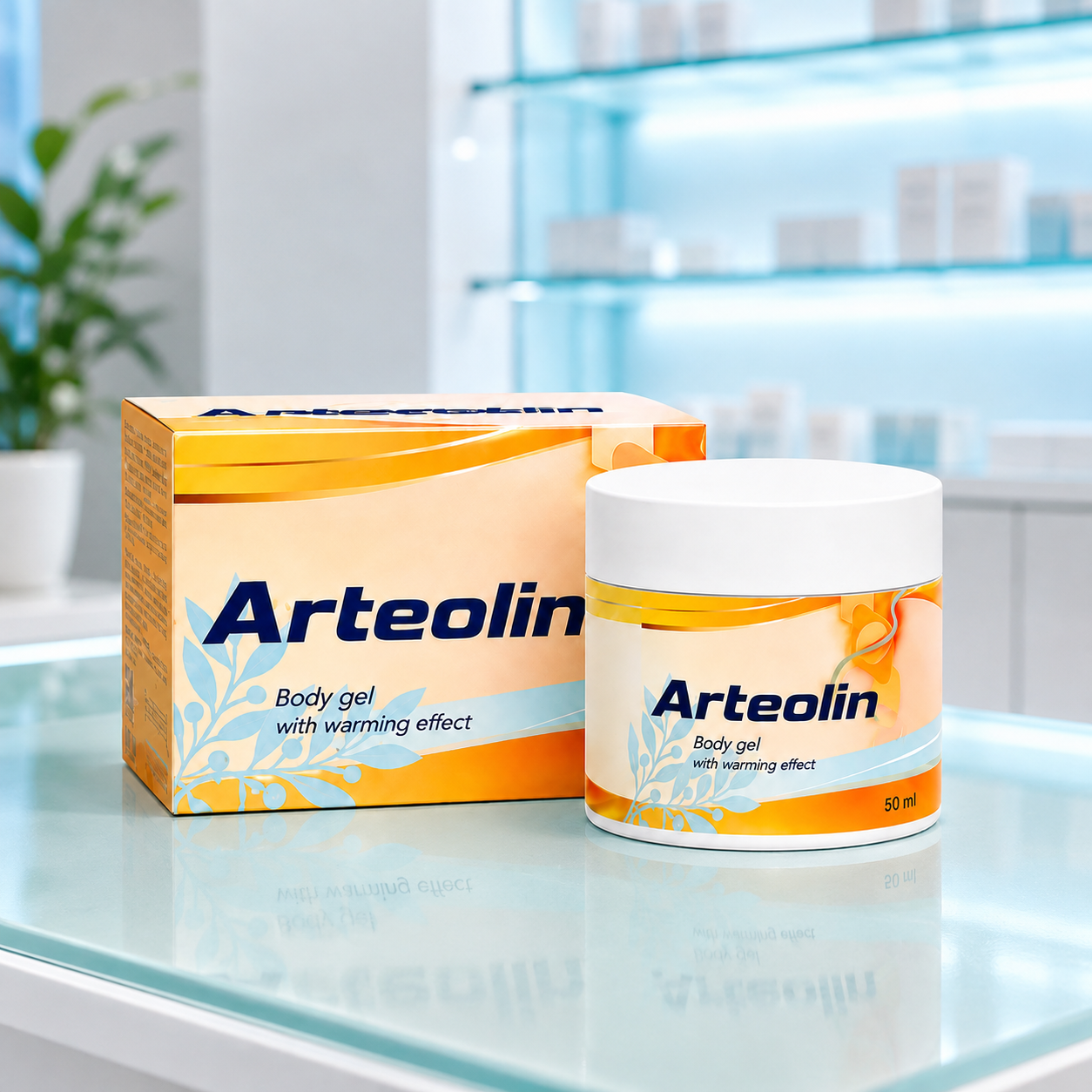 Dóza Arteolin s hrejivým telovým gélom, 50 ml, vedľa papierovej škatuľky